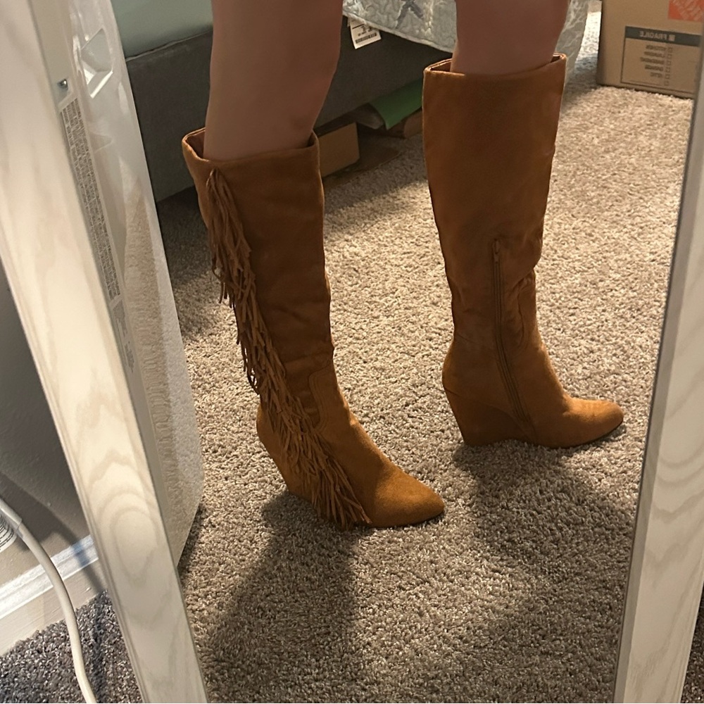 Fringe Tan Knee-High Wedge Boots
